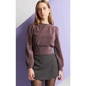 $105‎ INDEE Shimmer Glitter Top Blouse Crew Neck Women's Size XS Sorbet Pink 138